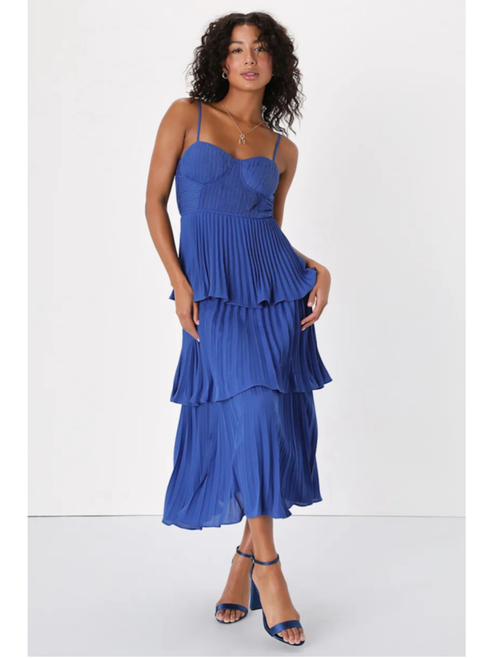 Women's Lulus Cascading Crush Cobalt Blue Tiered Bustier Midi Dress L